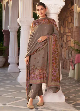 Unstitched Pashmina Brown Winter Salwar Suit Dress Material for Women