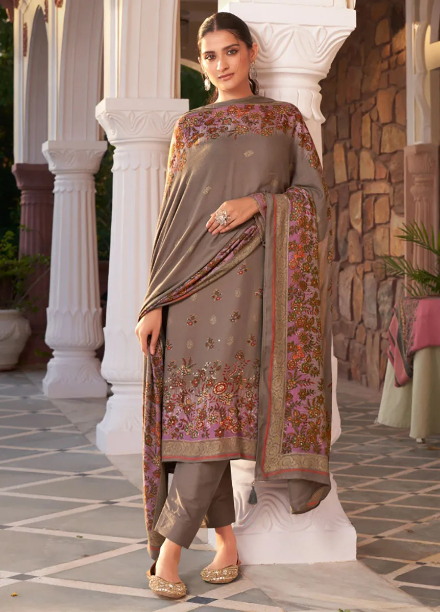 Unstitched Pashmina Brown Winter Salwar Suit Dress Material for Women