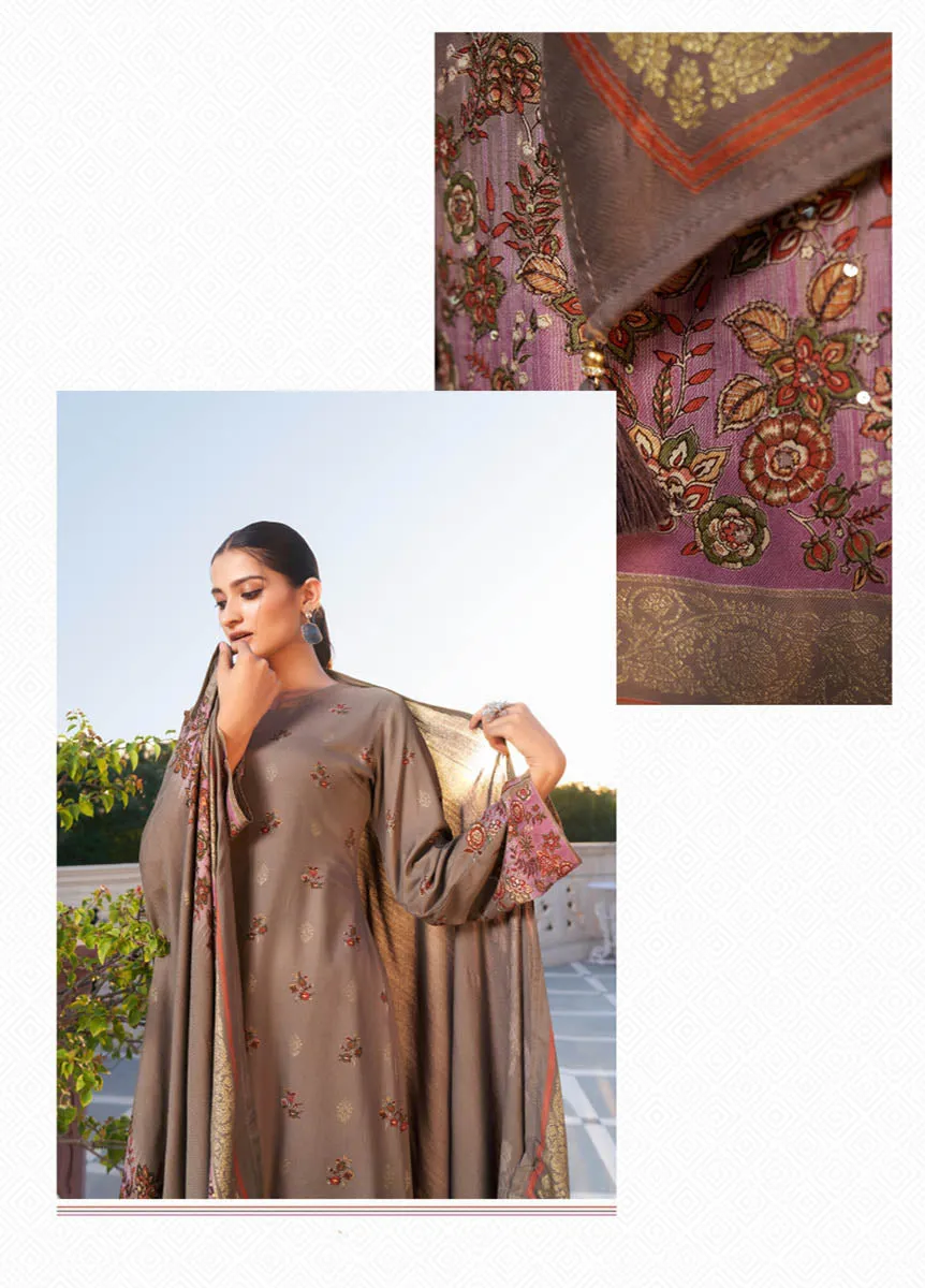 Unstitched Pashmina Brown Winter Salwar Suit Dress Material for Women