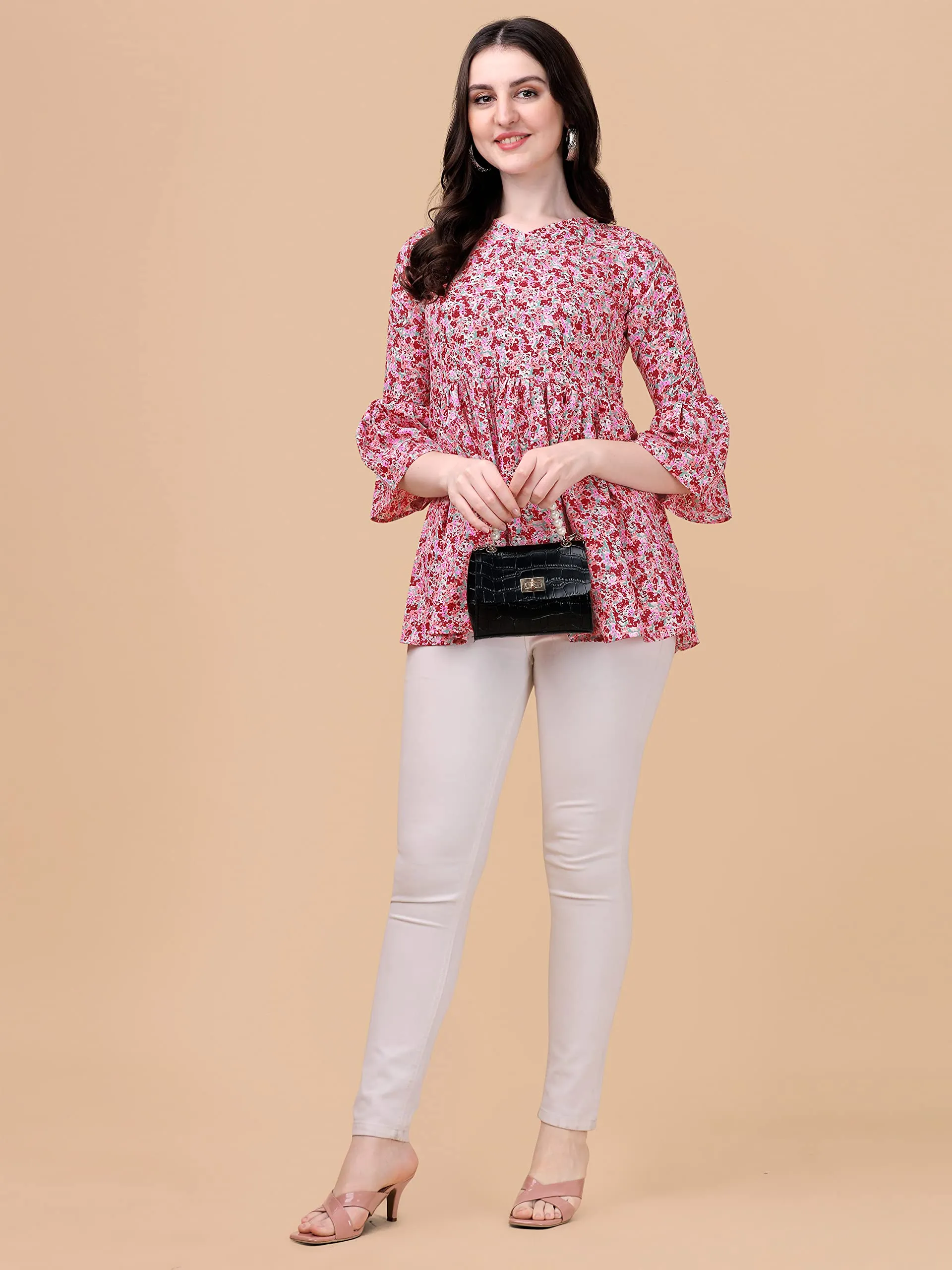Wedani Women's Casual Bell Sleeves V-Neck Foral Top (Medium, Pink)