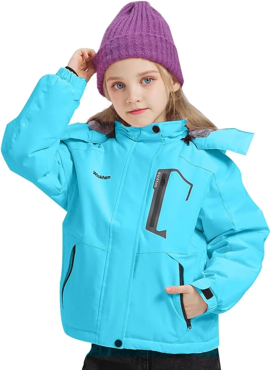 WICKHAM Girl's Waterproof Ski Jacket Winter Warm Fleece Lined Snow Windproof Jackets Removable Hood Ski Coat for Kids
