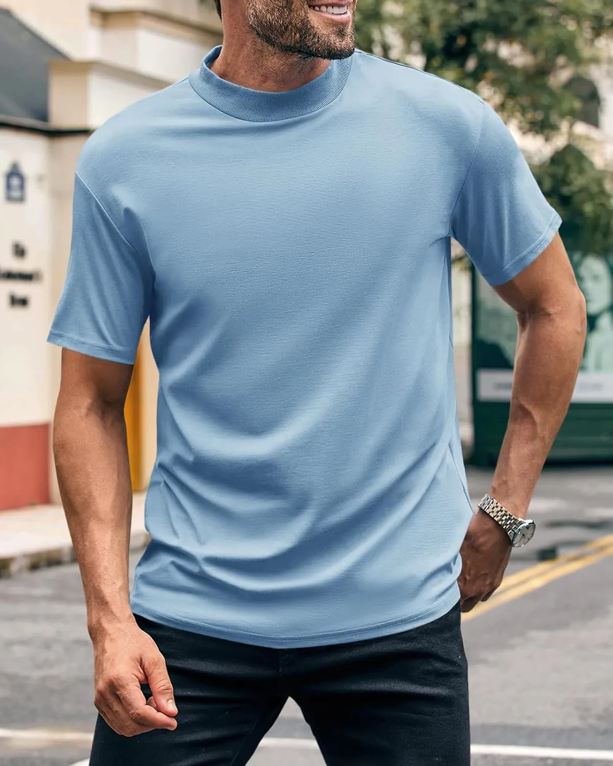 Wihion Men Turtleneck Mock Neck T Shirts Short Sleeve Ribbed High Neck T-Shirt Tee