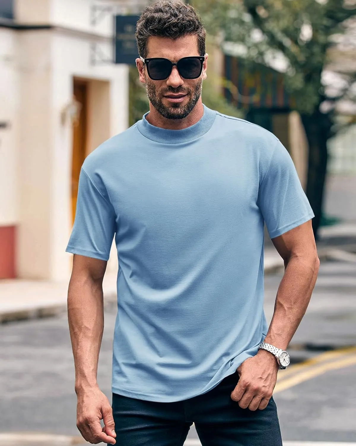 Wihion Men Turtleneck Mock Neck T Shirts Short Sleeve Ribbed High Neck T-Shirt Tee