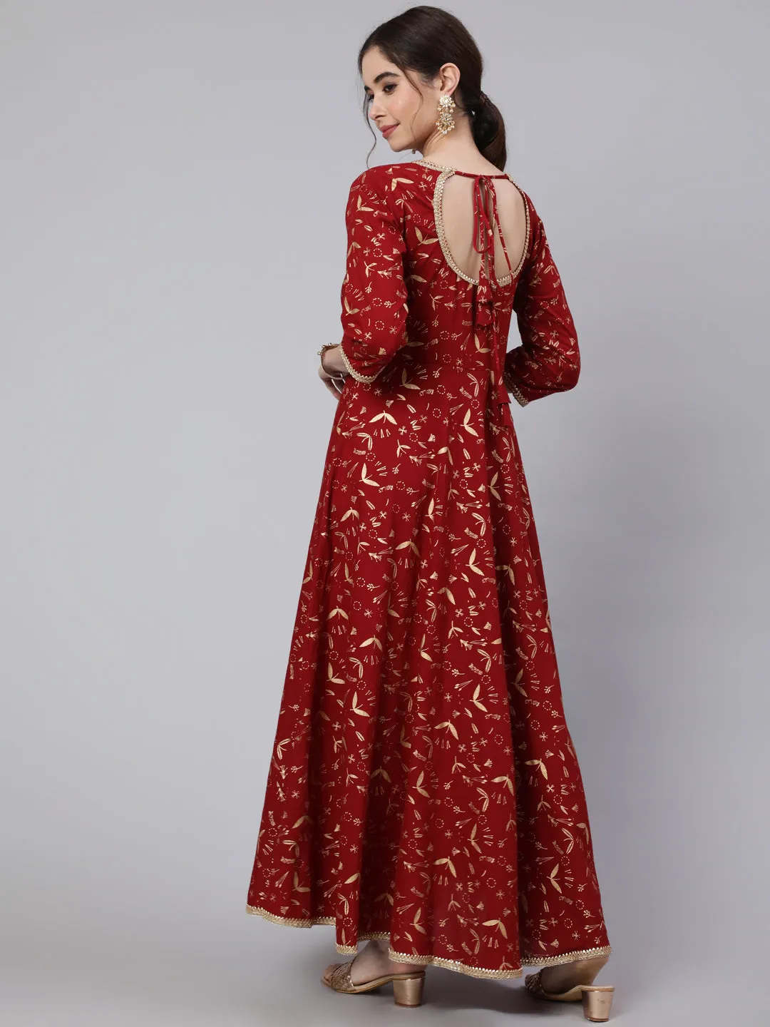 Wome Maroon Printed Flared Dress With Three Quarter Sleeves