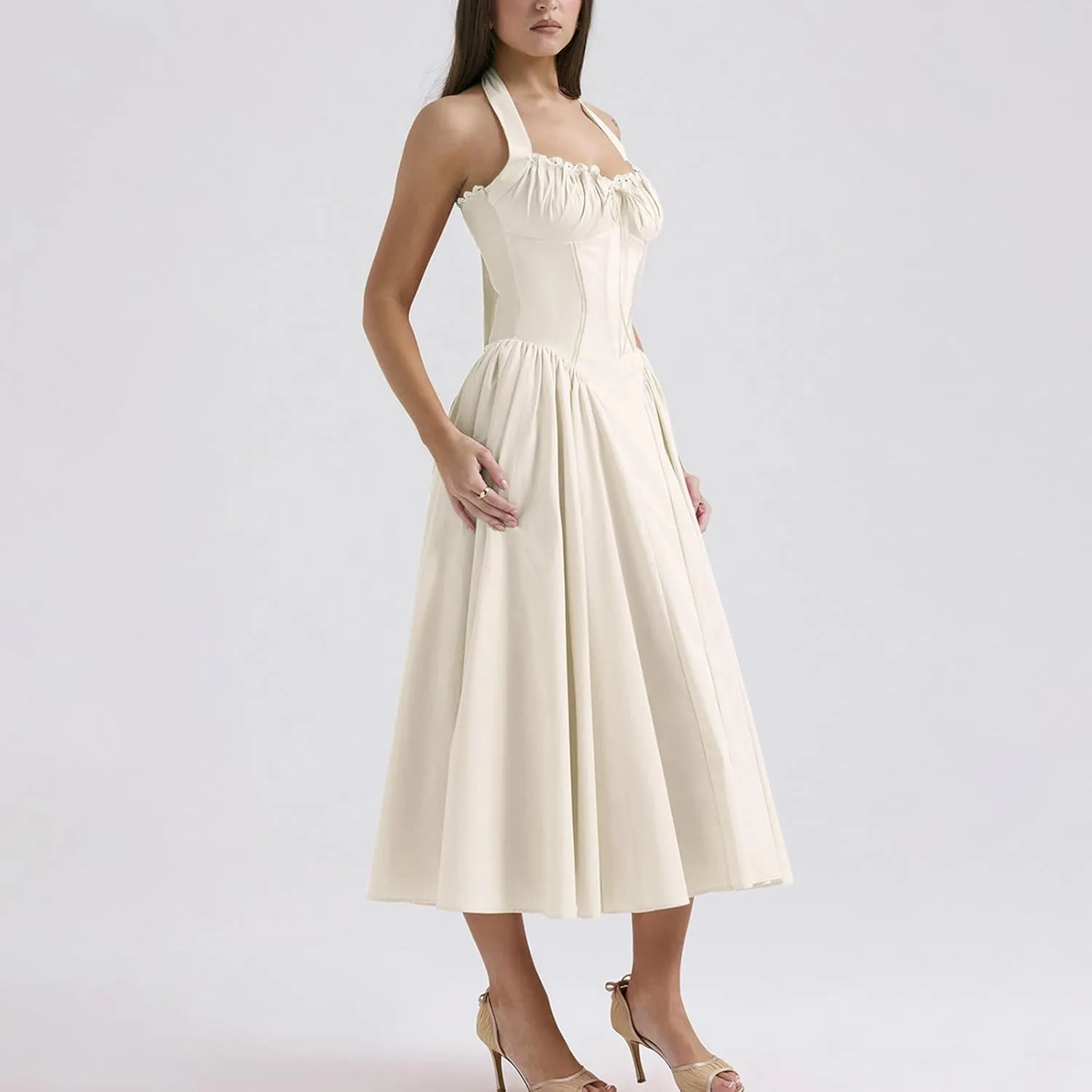 Women Floral Corset Dress Halter Neck Low Cut Bustier Lace Midi Dress Flowy Pleated Hem Long Sundress with Pockets