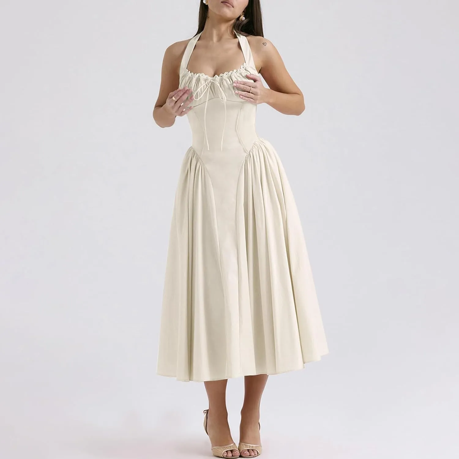 Women Floral Corset Dress Halter Neck Low Cut Bustier Lace Midi Dress Flowy Pleated Hem Long Sundress with Pockets