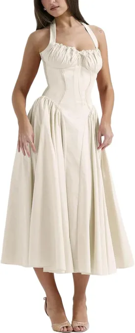 Women Floral Corset Dress Halter Neck Low Cut Bustier Lace Midi Dress Flowy Pleated Hem Long Sundress with Pockets