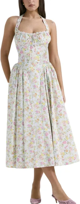 Women Floral Corset Dress Halter Neck Low Cut Bustier Lace Midi Dress Flowy Pleated Hem Long Sundress with Pockets