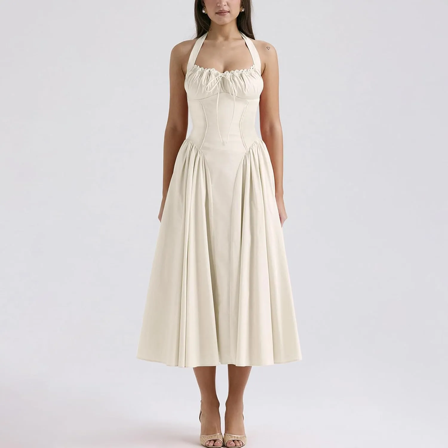 Women Floral Corset Dress Halter Neck Low Cut Bustier Lace Midi Dress Flowy Pleated Hem Long Sundress with Pockets