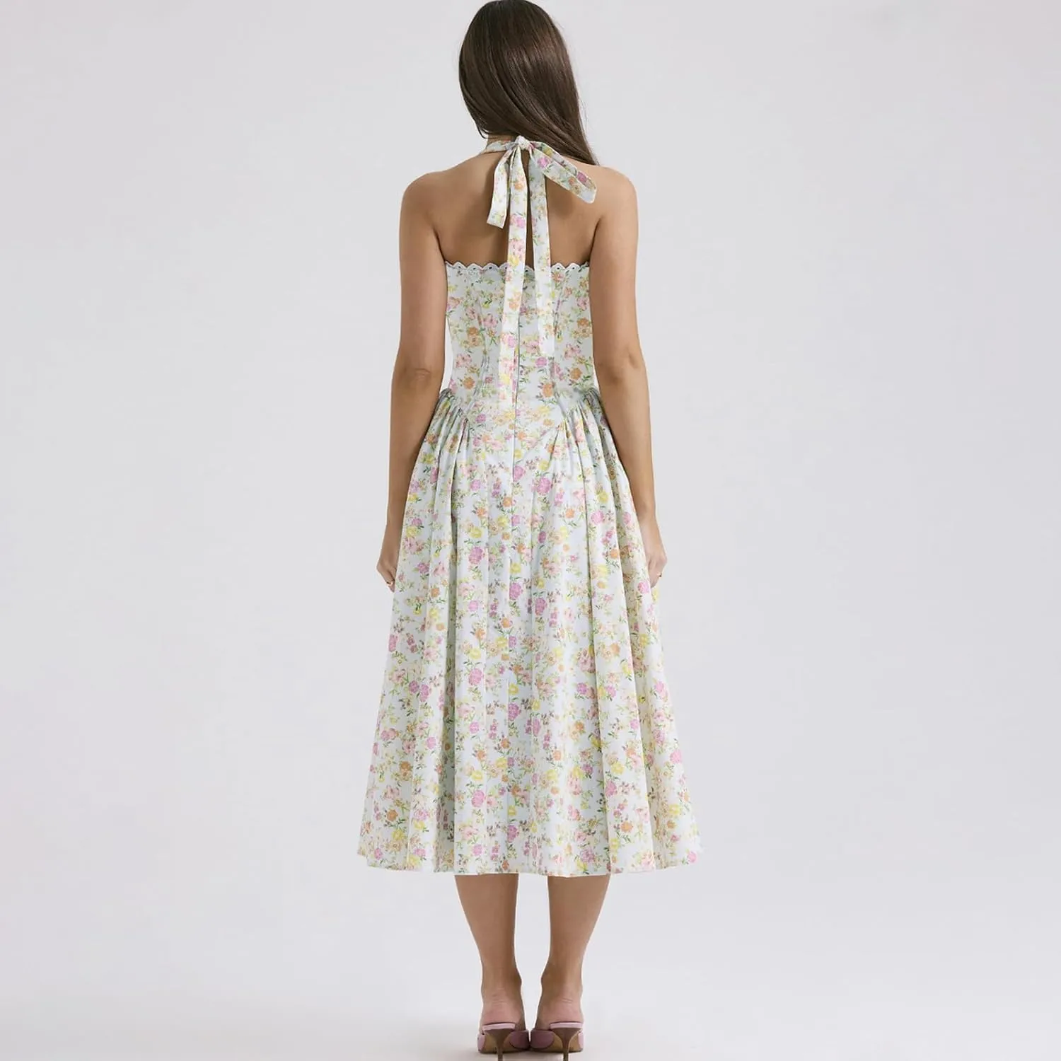 Women Floral Corset Dress Halter Neck Low Cut Bustier Lace Midi Dress Flowy Pleated Hem Long Sundress with Pockets