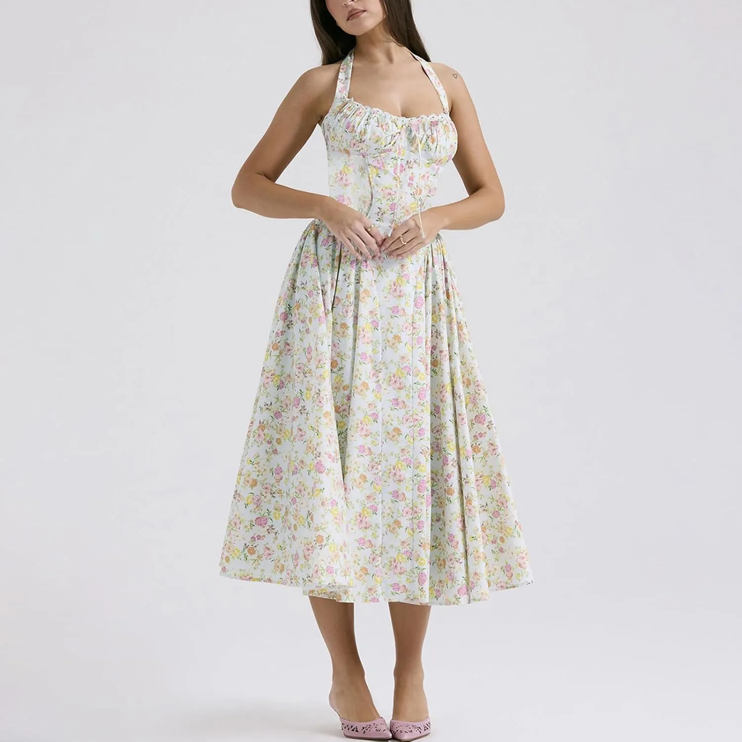 Women Floral Corset Dress Halter Neck Low Cut Bustier Lace Midi Dress Flowy Pleated Hem Long Sundress with Pockets