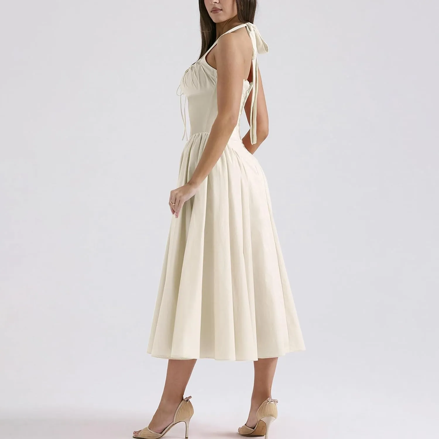 Women Floral Corset Dress Halter Neck Low Cut Bustier Lace Midi Dress Flowy Pleated Hem Long Sundress with Pockets