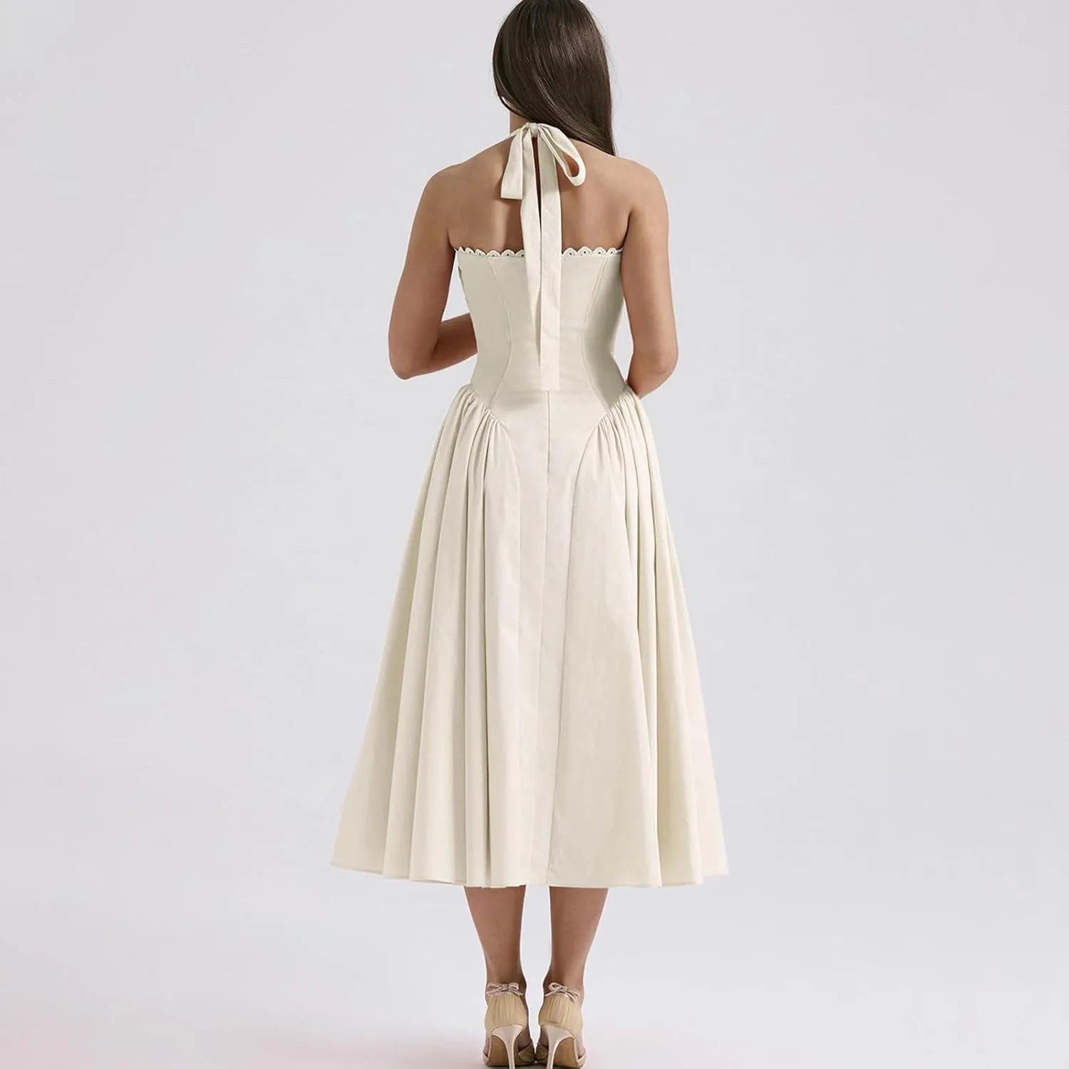 Women Floral Corset Dress Halter Neck Low Cut Bustier Lace Midi Dress Flowy Pleated Hem Long Sundress with Pockets