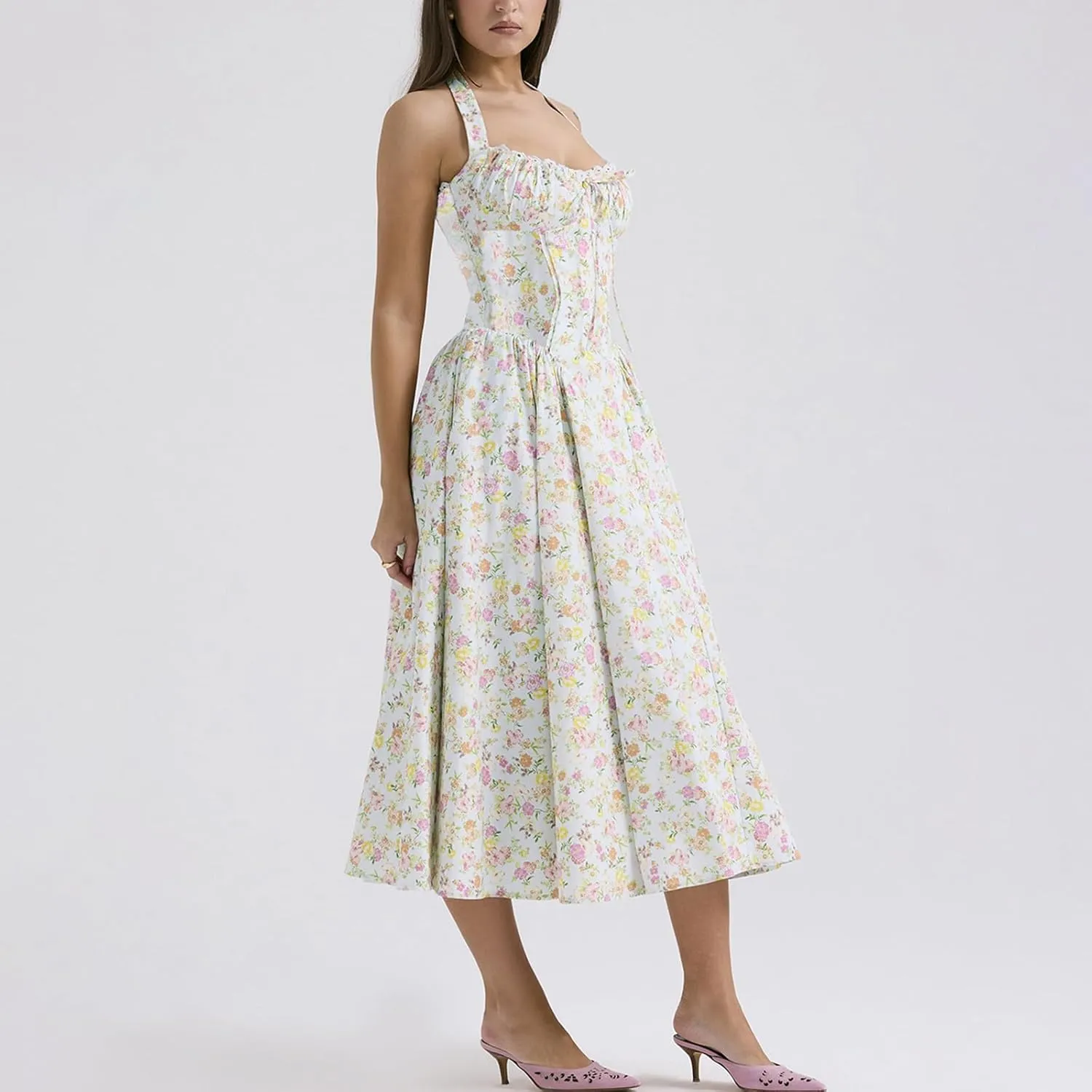 Women Floral Corset Dress Halter Neck Low Cut Bustier Lace Midi Dress Flowy Pleated Hem Long Sundress with Pockets