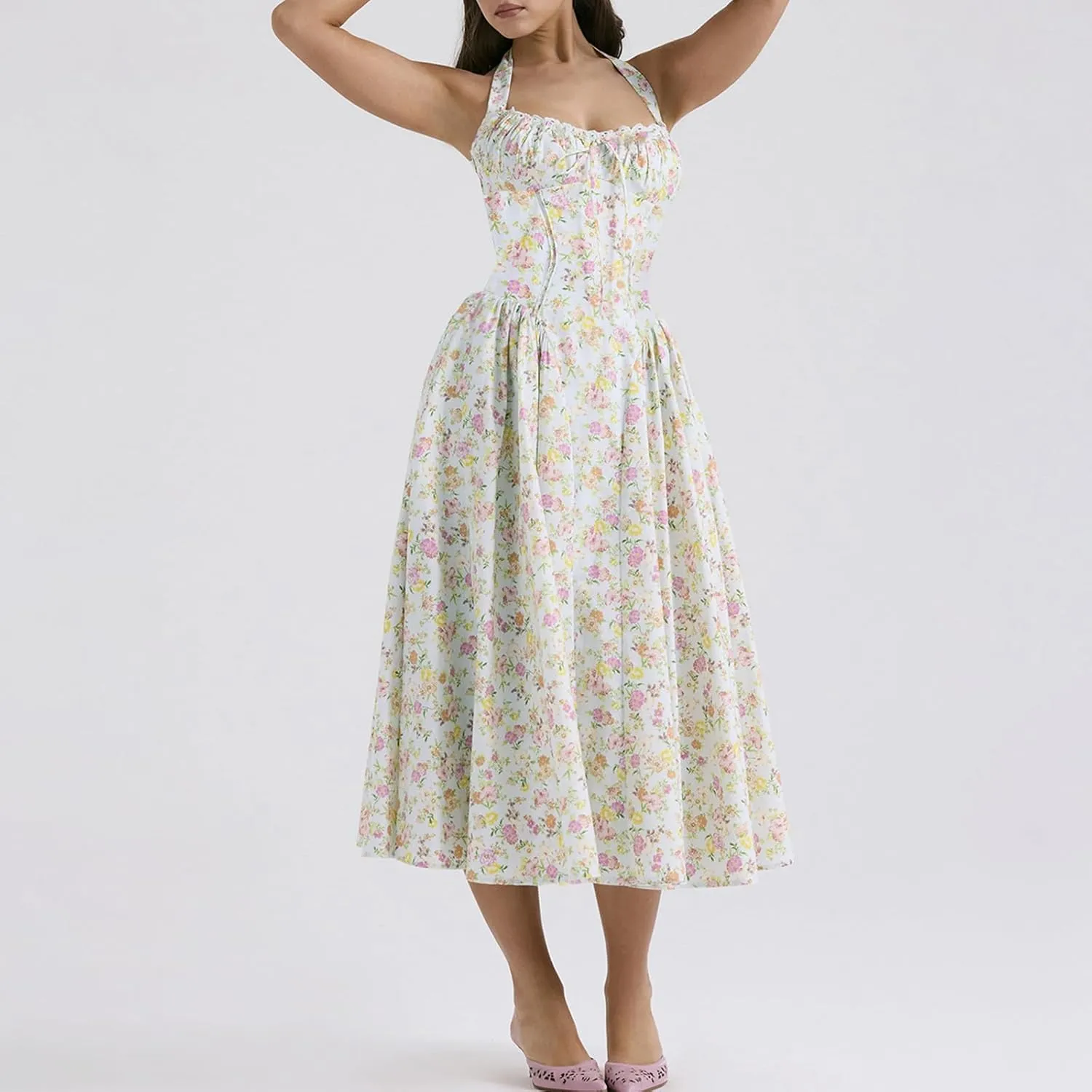 Women Floral Corset Dress Halter Neck Low Cut Bustier Lace Midi Dress Flowy Pleated Hem Long Sundress with Pockets