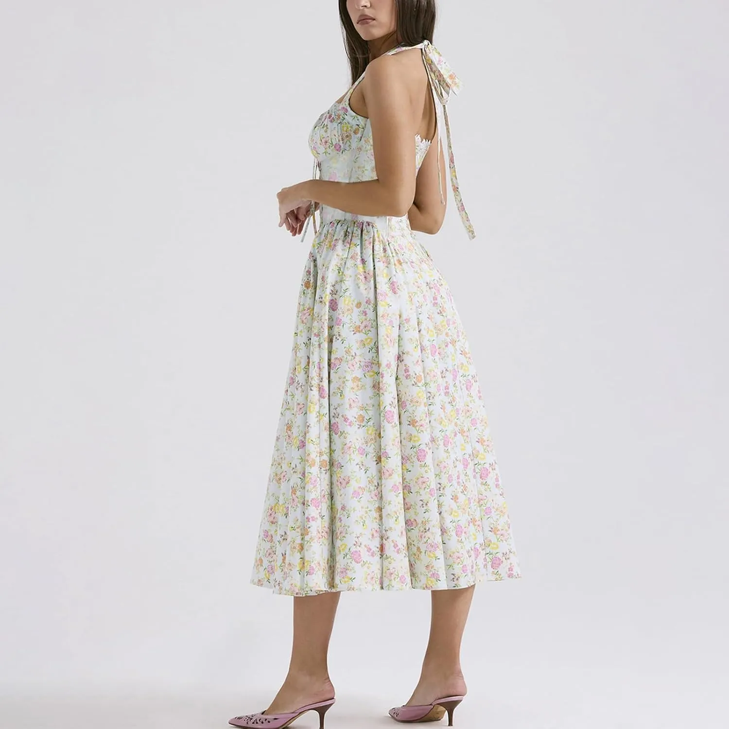 Women Floral Corset Dress Halter Neck Low Cut Bustier Lace Midi Dress Flowy Pleated Hem Long Sundress with Pockets