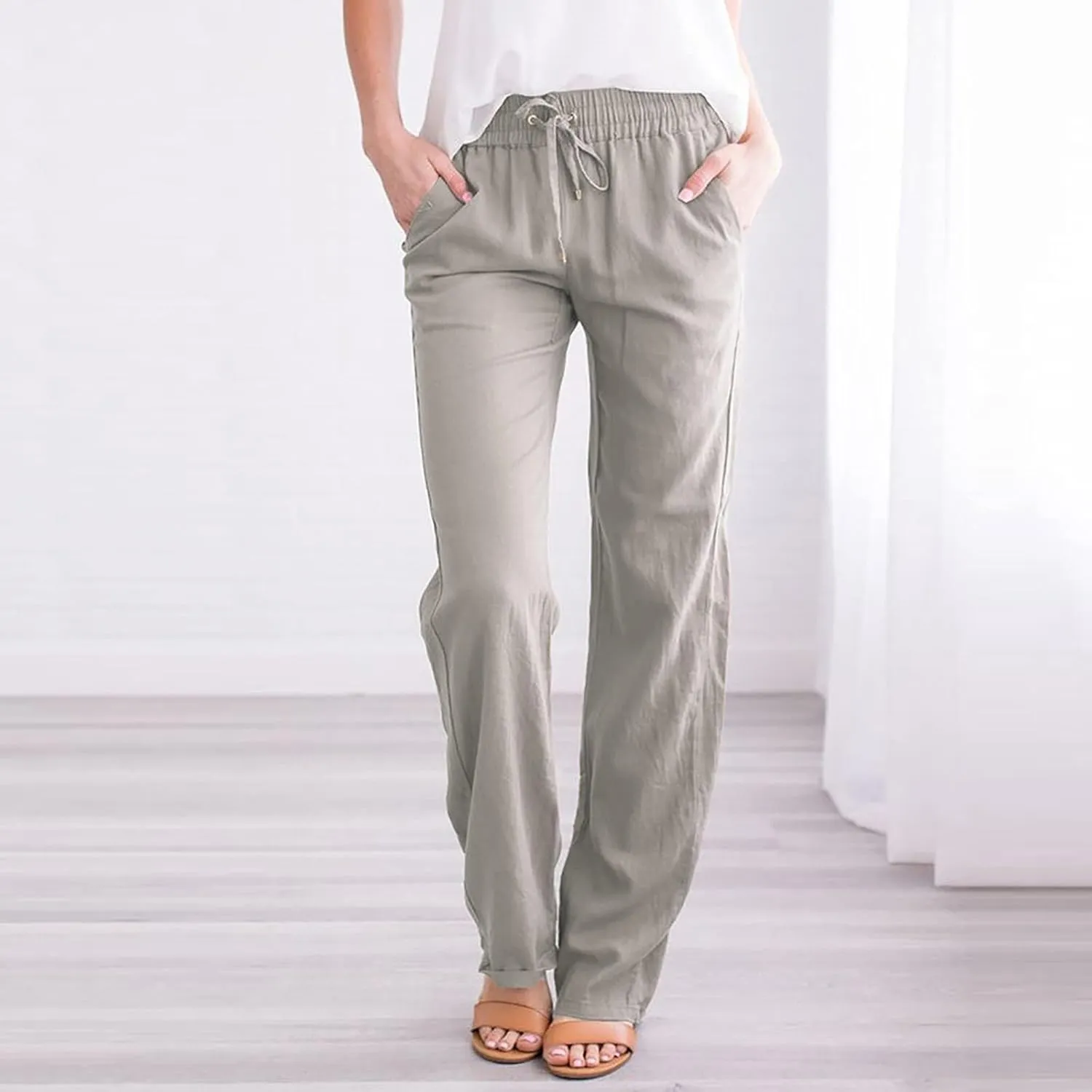 Womens Casual Cotton Linen Pants Lightweight Elastic Waist Pant Summer Fall Lounge Plain Drawstring Trousers, Large