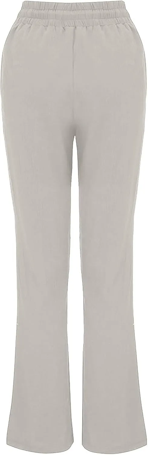 Womens Casual Cotton Linen Pants Lightweight Elastic Waist Pant Summer Fall Lounge Plain Drawstring Trousers, Large