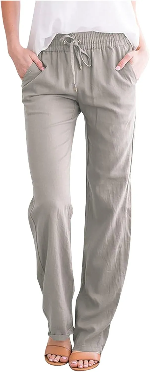 Womens Casual Cotton Linen Pants Lightweight Elastic Waist Pant Summer Fall Lounge Plain Drawstring Trousers, Large