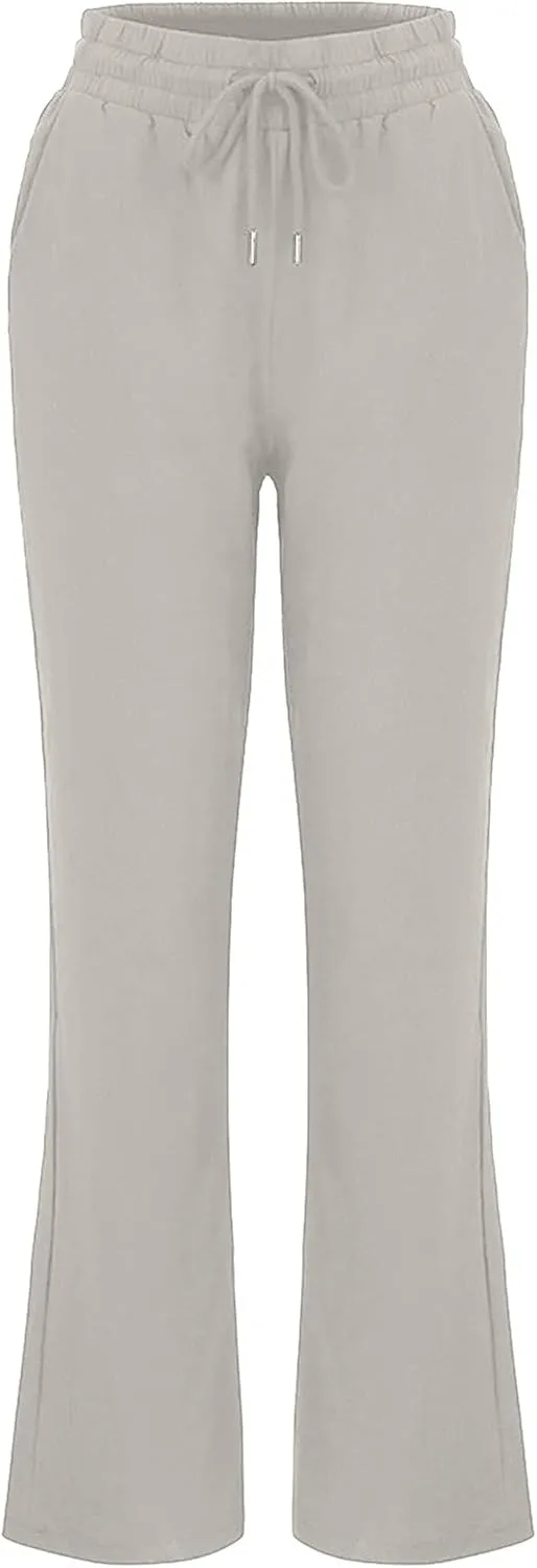 Womens Casual Cotton Linen Pants Lightweight Elastic Waist Pant Summer Fall Lounge Plain Drawstring Trousers, Large