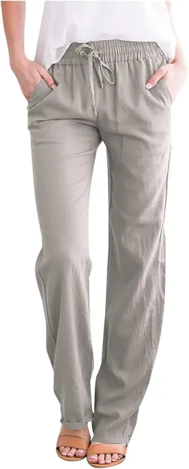 Womens Casual Cotton Linen Pants Lightweight Elastic Waist Pant Summer Fall Lounge Plain Drawstring Trousers, Large Womens Casual Cotton Linen Pants Lightweight Elastic Waist Pant Summer Fall Lounge Plain Drawstring Trousers, Large