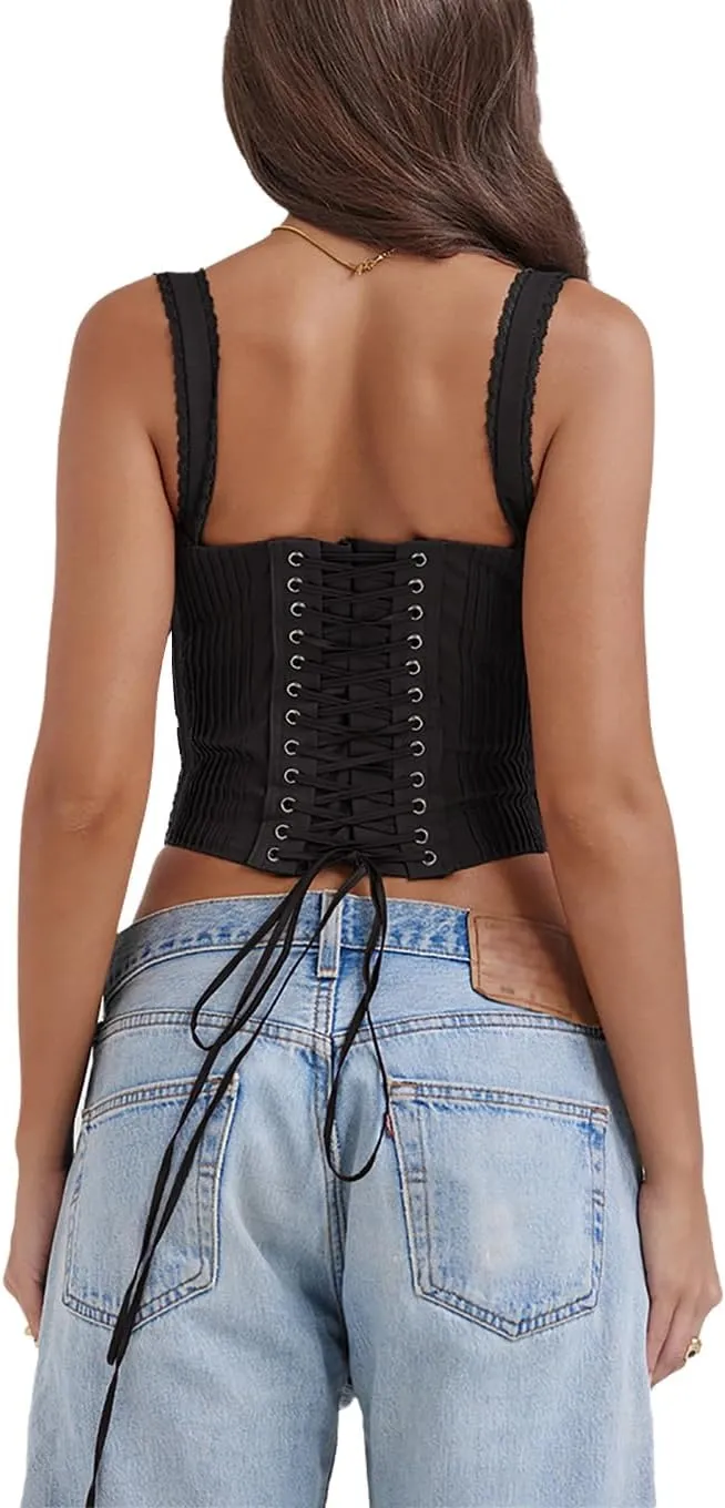 Women's Lace Up Cami Corset Tops Cold Shoulder Zip Side Ties Back Sexy Going Out Bodyshaper Bustier Top