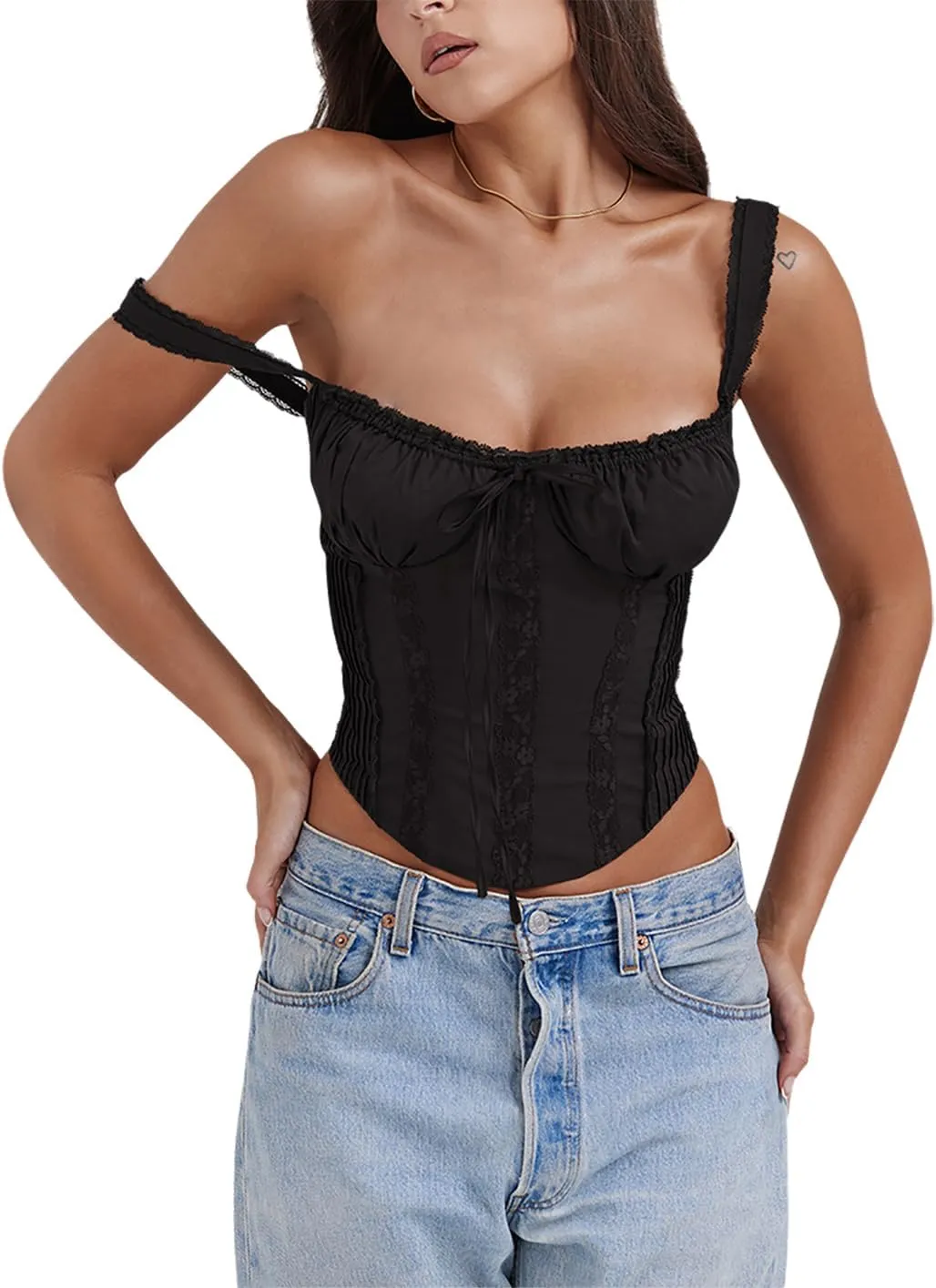 Women's Lace Up Cami Corset Tops Cold Shoulder Zip Side Ties Back Sexy Going Out Bodyshaper Bustier Top