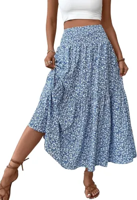 Women's Smocked High Waist Maxi Skirt Casual Boho Long Skirts with Pockets