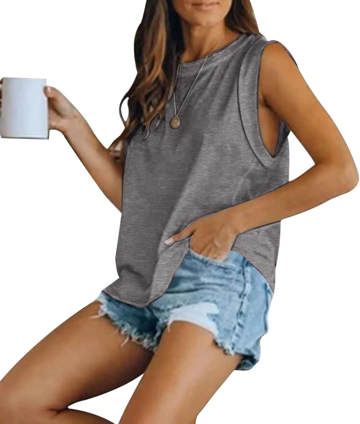 Women's Summer Sleeveless Tank Top Loose Fit Casual Crew Neck T Shirts Basic Tee Tops