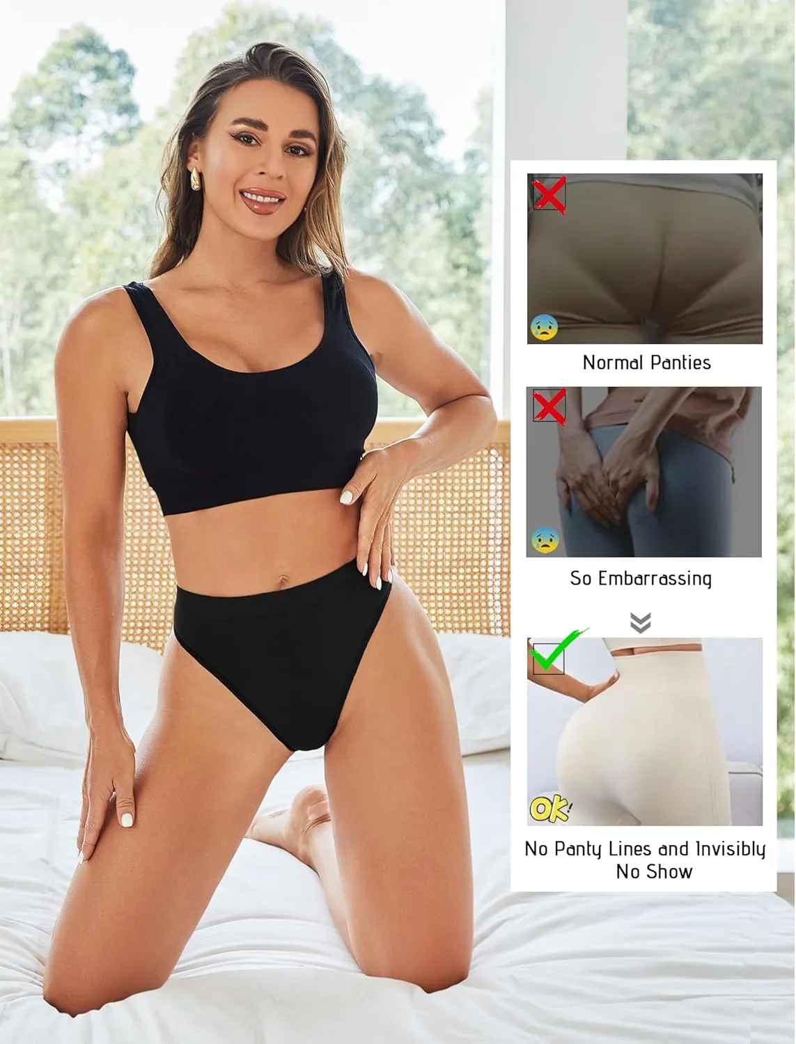 Womens Underwear Breathable Seamless Thongs 6 Pack Comfortable No Show High Waisted Thong Tangas Panties