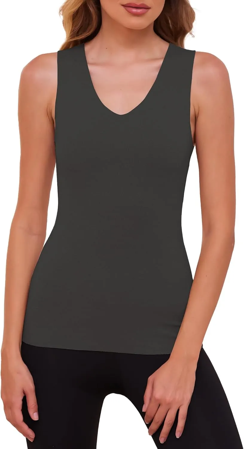 YYA V Neck Basic Tank Tops for Women Thermal Vest Winter Warm Tank-Top Sleeveless Undershirts, S-XXL