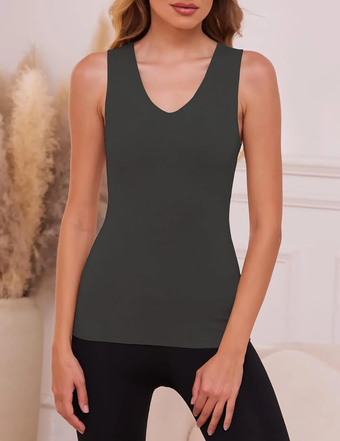 YYA V Neck Basic Tank Tops for Women Thermal Vest Winter Warm Tank-Top Sleeveless Undershirts, S-XXL